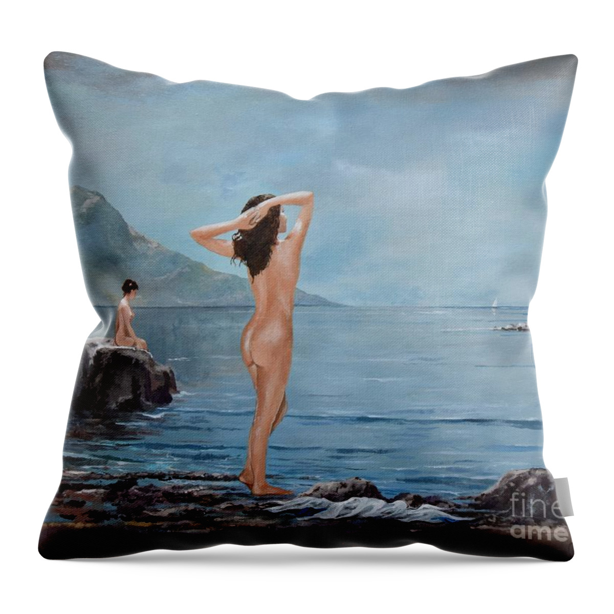 Female Figures Throw Pillow featuring the painting Nymphs by Sinisa Saratlic