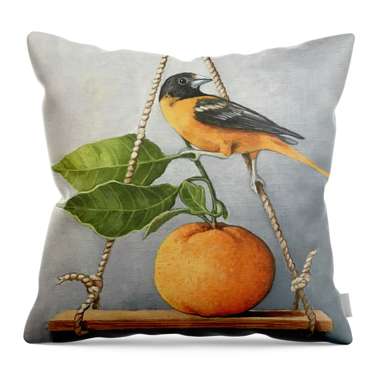 Baltimore Oriole Throw Pillow featuring the painting O is for Orange by Linda Apple