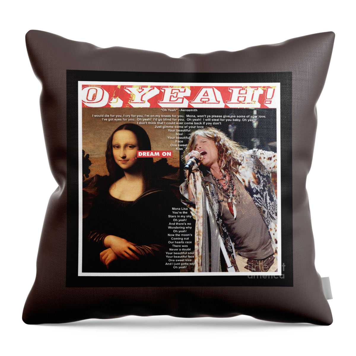 Mona Lisa Throw Pillow featuring the mixed media Mona Lisa and Aerosmith - O' Yeah - Mixed Media Record Album Cover Pop Art Collage by Steven Shaver