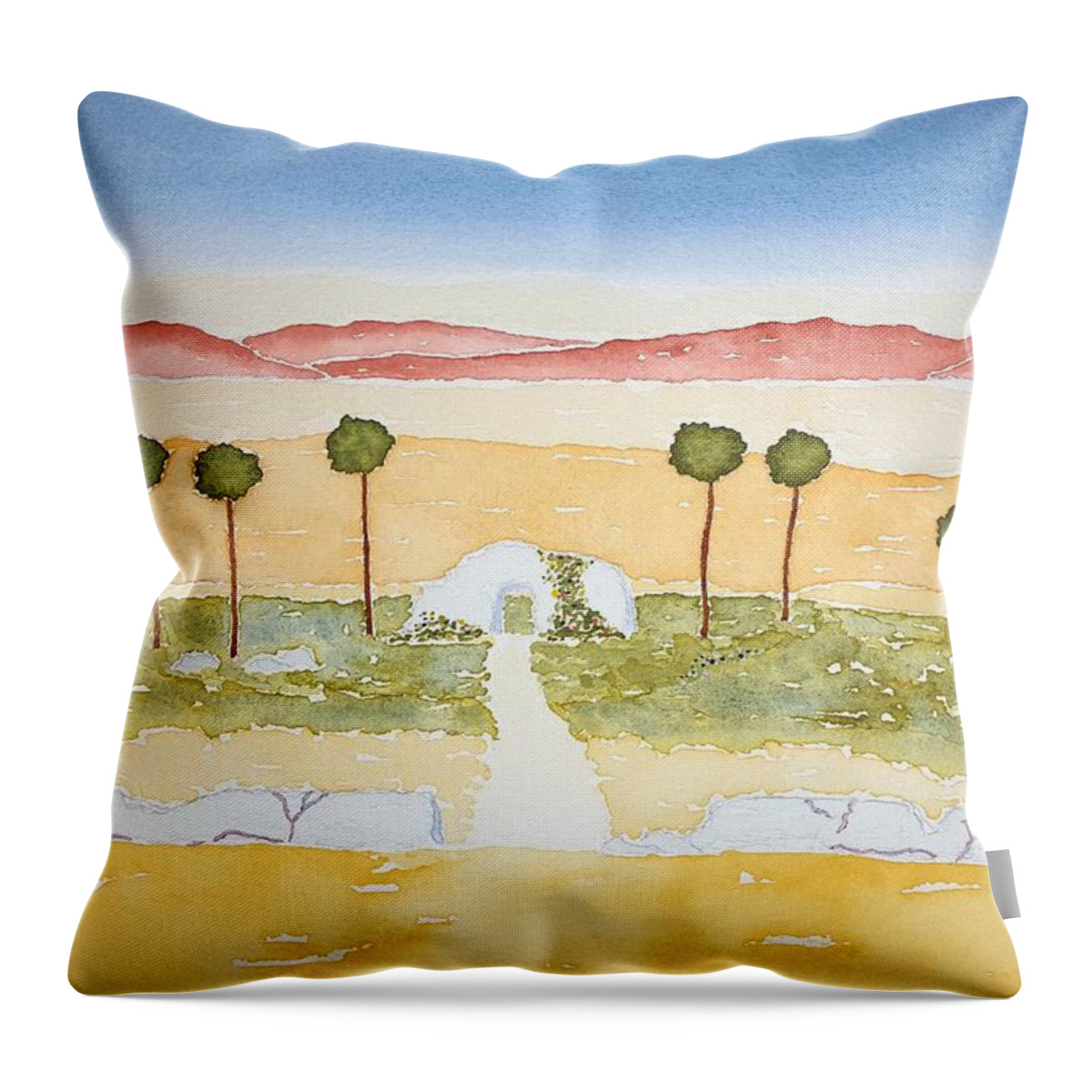 Watercolor Throw Pillow featuring the painting Oasis of Lore by John Klobucher