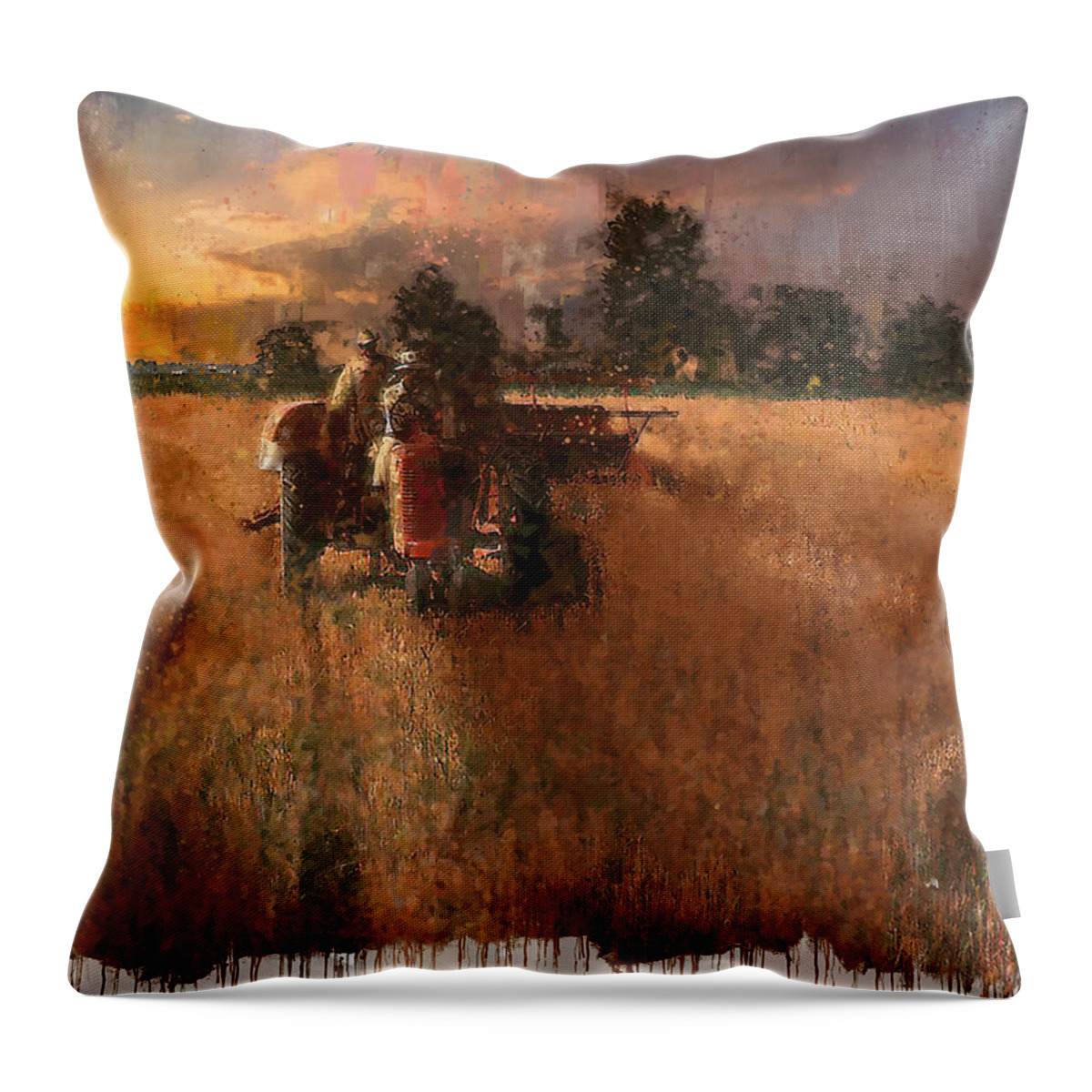 Sunset Throw Pillow featuring the painting Oat Harvest at Sunset - 1940s by Glenn Galen