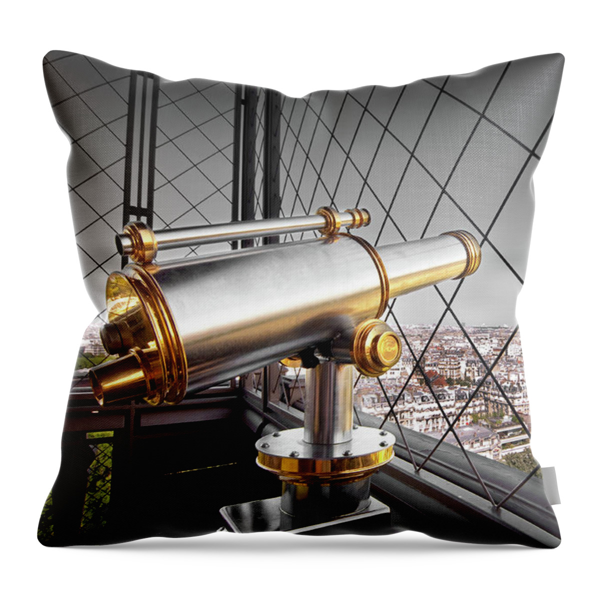 Eiffel Tower Throw Pillow featuring the photograph Observation telescope on the Eiffel tower in Paris by Delphimages Paris Photography
