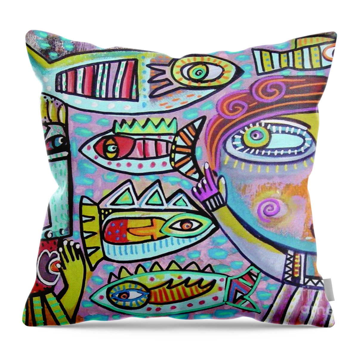 Observe The Magical Wisdom Fish Throw Pillow featuring the painting Observe The Magical Wisdom Fish by Sandra Silberzweig