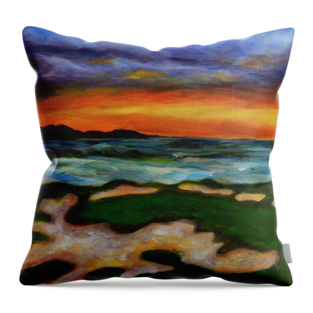 Landscape Throw Pillow featuring the painting Ocean Cliff / Crashing Waves by Janet Yu