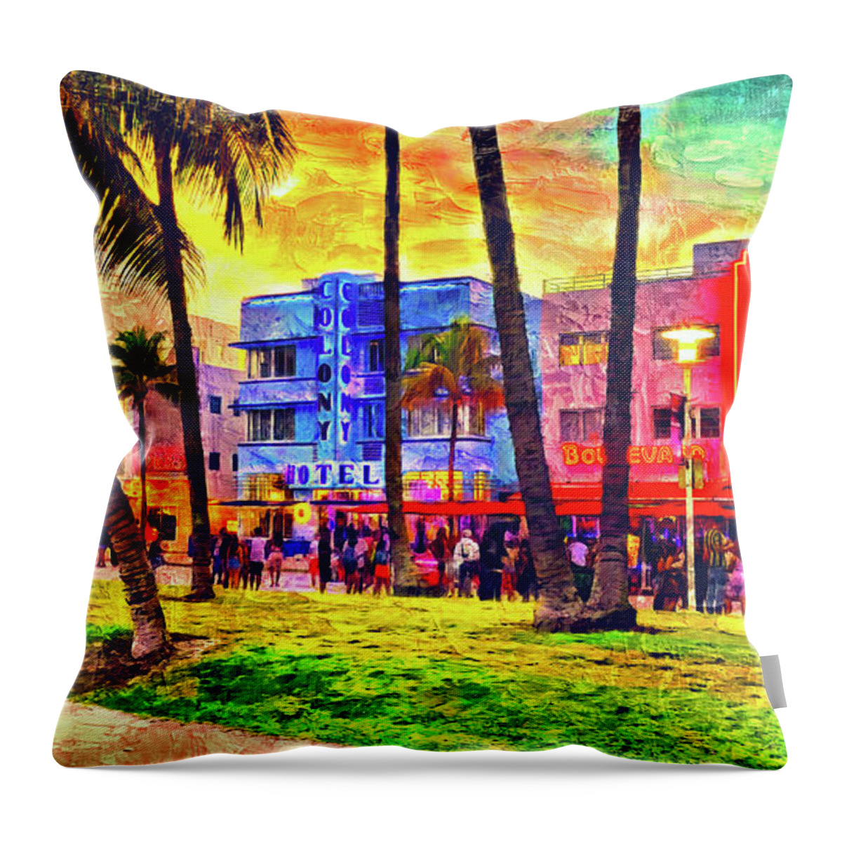 Ocean Drive Throw Pillow featuring the digital art Ocean Drive near the Colony Hotel in Miami Beach at sunset - impasto oil painting by Nicko Prints
