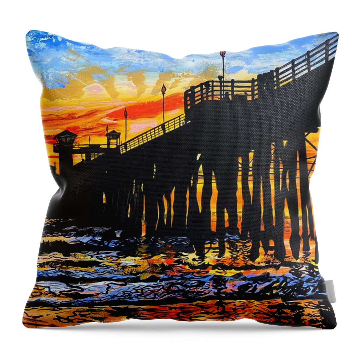 Pier Throw Pillow featuring the painting Oceanside Pier Fire and Ice by Sergio Gutierrez