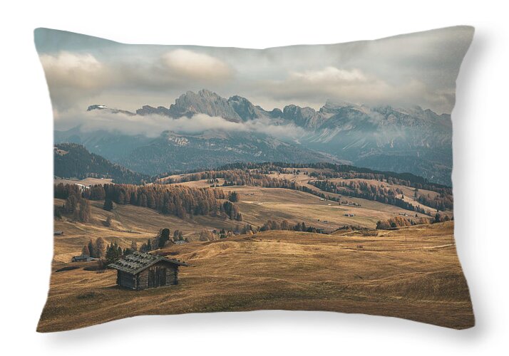Odle Mountains Throw Pillow featuring the photograph Odle Mountains - Alpe di Siusi by Elias Pentikis