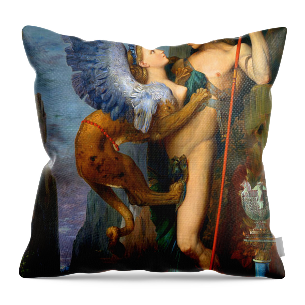 Oedipus Throw Pillow featuring the painting Oedipus and the Sphinx by Long Shot