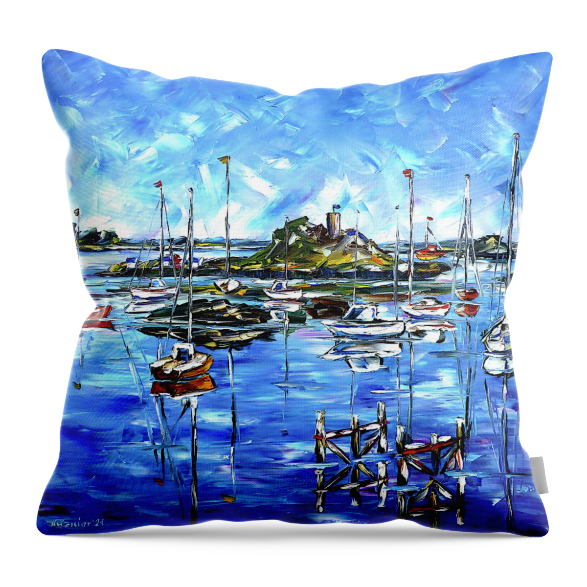 Harbor Scene Throw Pillow featuring the painting Off The Coasts Of Brittany by Mirek Kuzniar