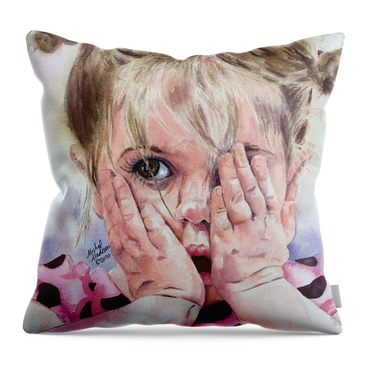 Expressive Child Throw Pillow featuring the painting Oh My by Michal Madison