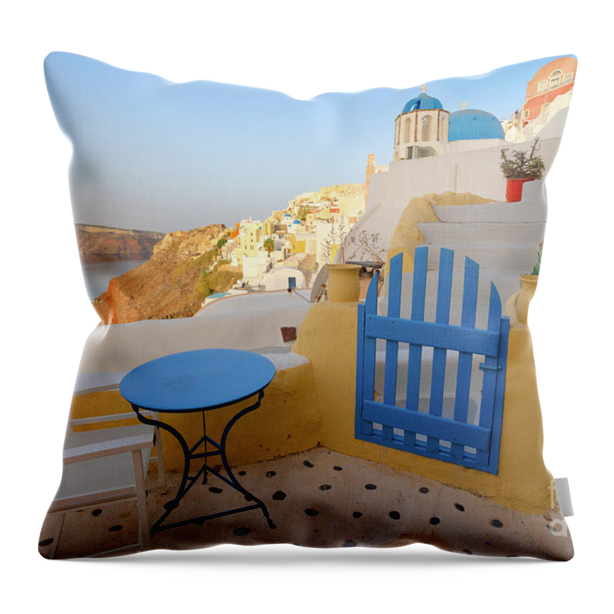 Santorini Throw Pillow featuring the photograph Oia, small inner yard by Anastasy Yarmolovich