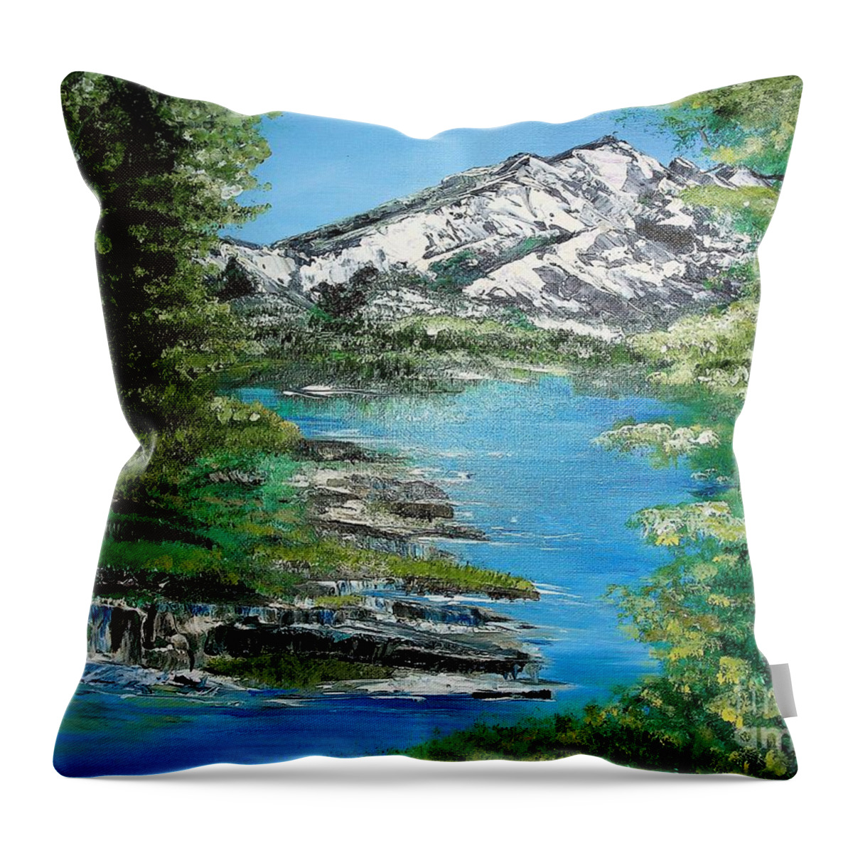 Landscape Throw Pillow featuring the painting Oil Landscape Mountains and Trees 2 by Valerie Shaffer