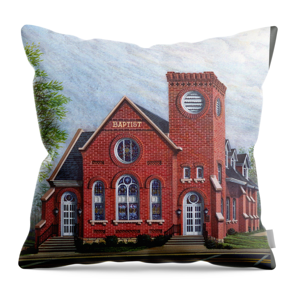 Architectural Landscape Throw Pillow featuring the painting Old 1895 Sanctuary First Baptist Church by George Lightfoot