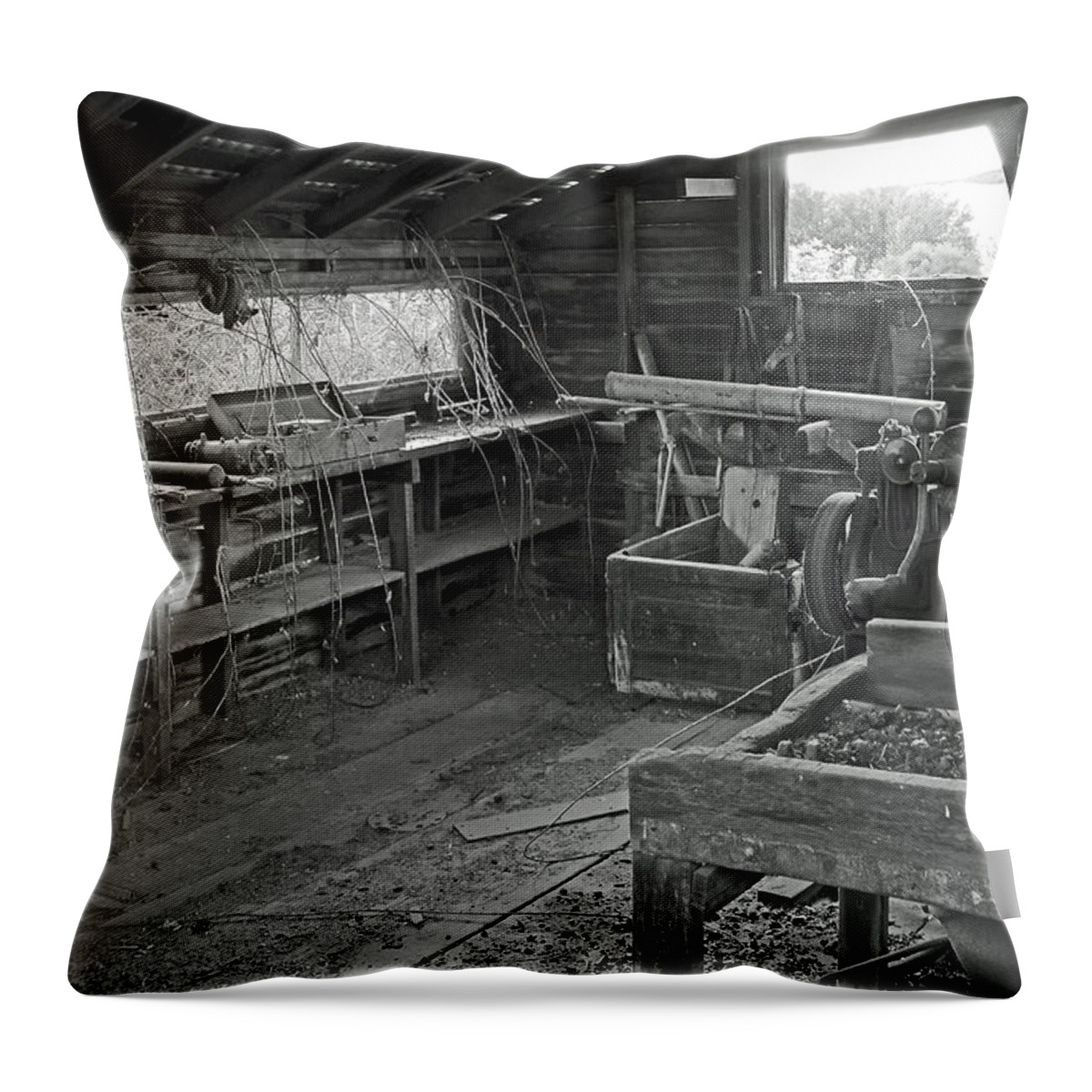 In Focus Throw Pillow featuring the digital art Old Abandon Black Smith Shop B/W by Fred Loring