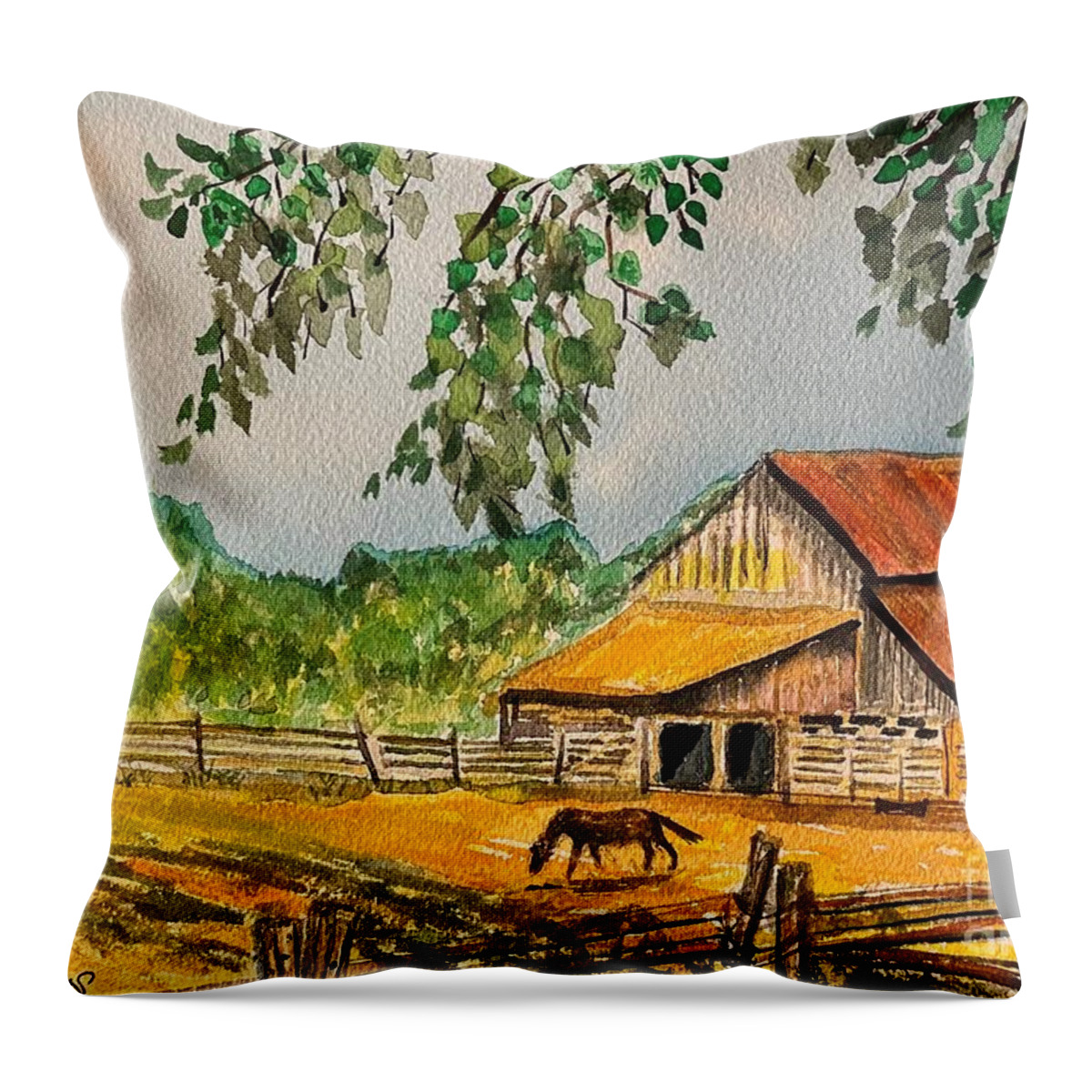 Watercolour Throw Pillow featuring the painting Old Barn in Napa by Monika Shepherdson