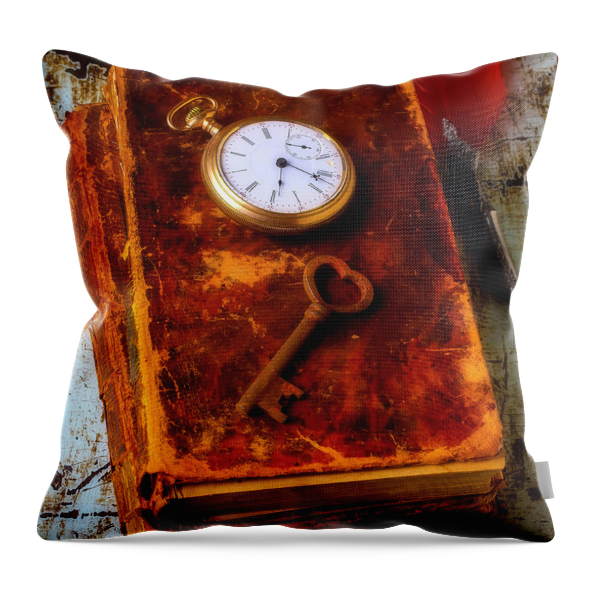 Key Throw Pillow featuring the photograph Old Books With Key And Pocketwatch by Garry Gay