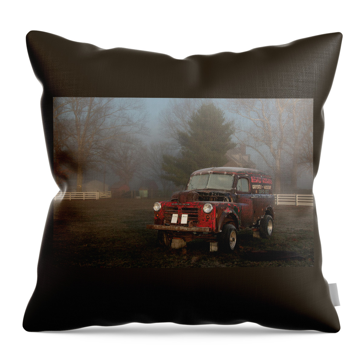 Old Throw Pillow featuring the photograph Old Dodge in a Fog by Kristia Adams