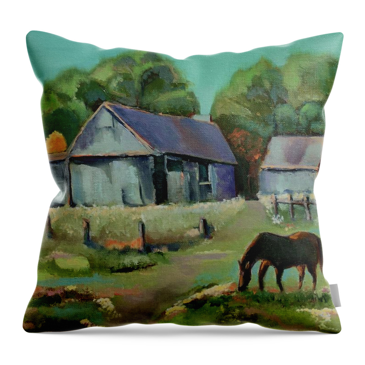 Farm Throw Pillow featuring the painting Old farm barns by Lana Sylber