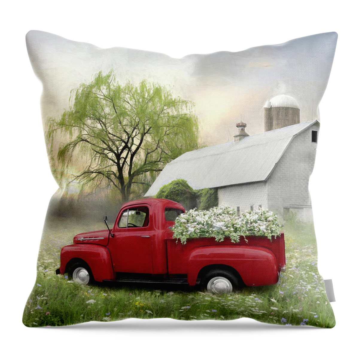 Truck Throw Pillow featuring the mixed media Old Fashioned Spring in Red by Lori Deiter