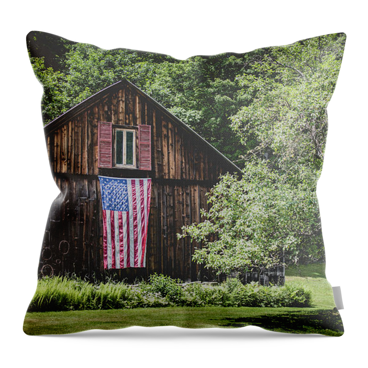 Vermont Throw Pillow featuring the photograph Old Glory USA Flag Proudly Displayed on Old Barn by Edward Fielding