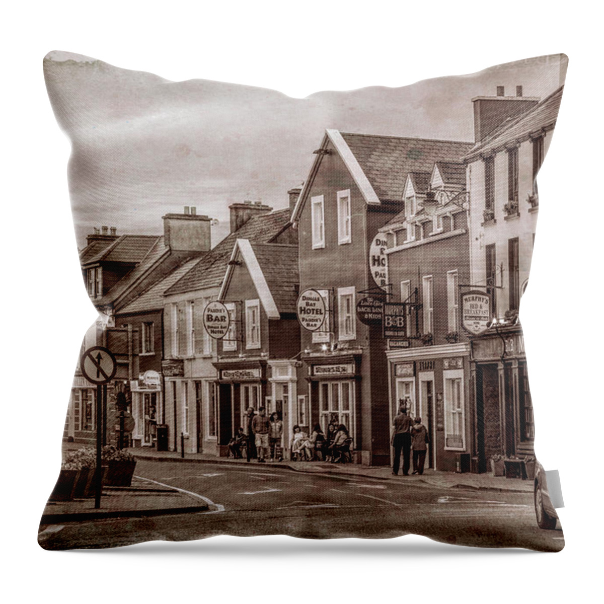 Barns Throw Pillow featuring the photograph Old Irish Downtown The Dingle Peninsula in Vintage Sepia by Debra and Dave Vanderlaan