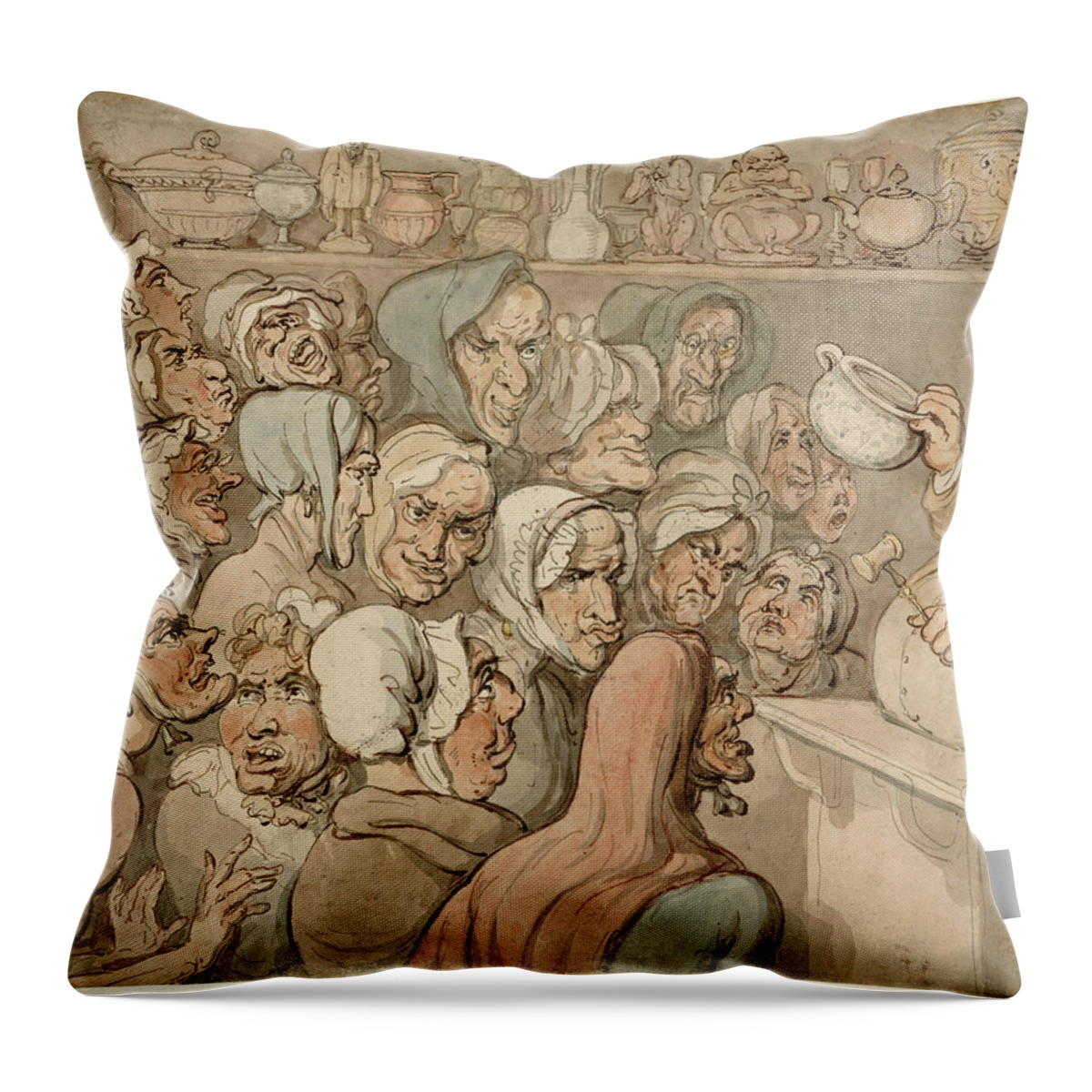 Thomas Rowlandson Throw Pillow featuring the drawing Old Maids at a Sale of Curiosities by Thomas Rowlandson