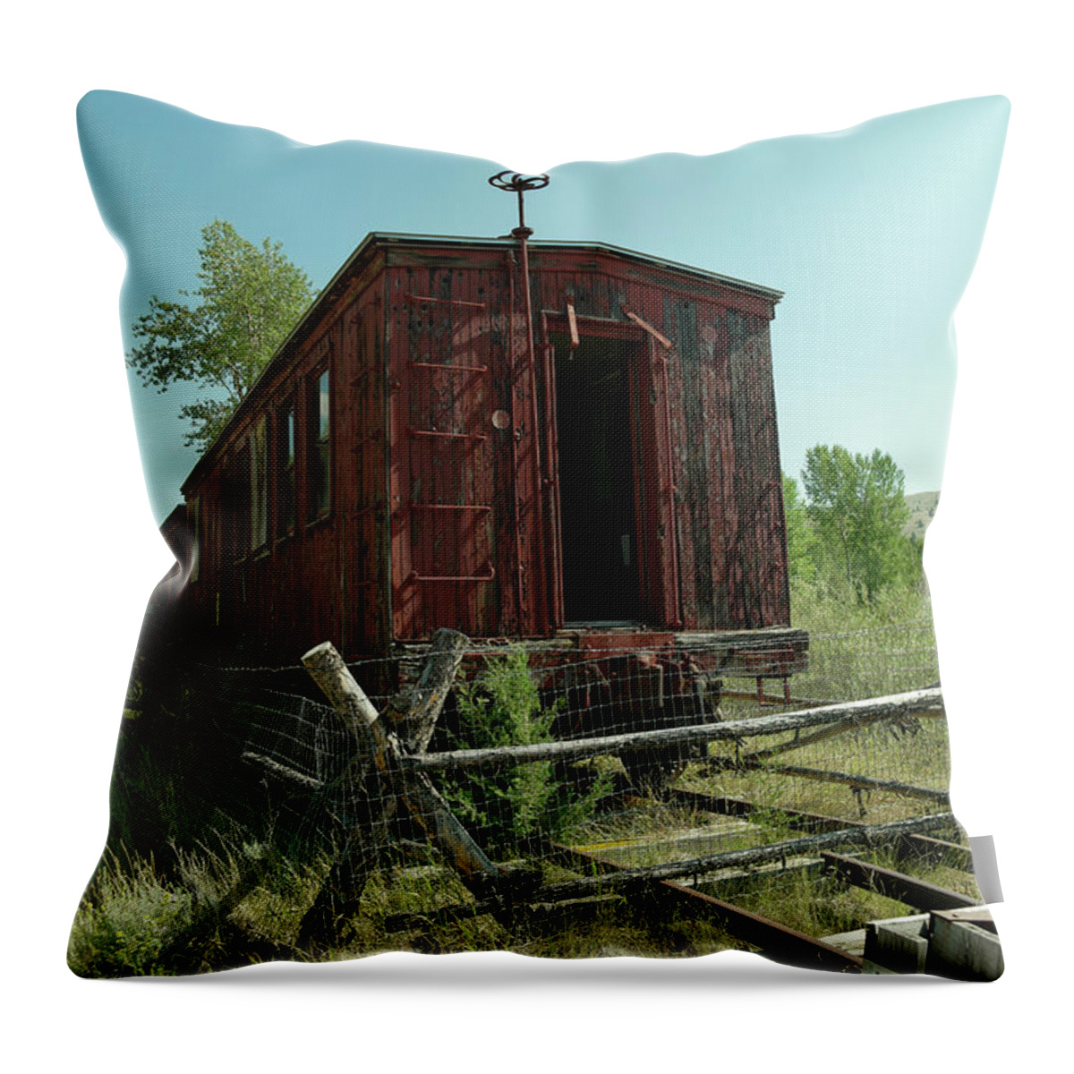 Train Throw Pillow featuring the photograph Old rail car Neveda City Montana by Jeff Swan