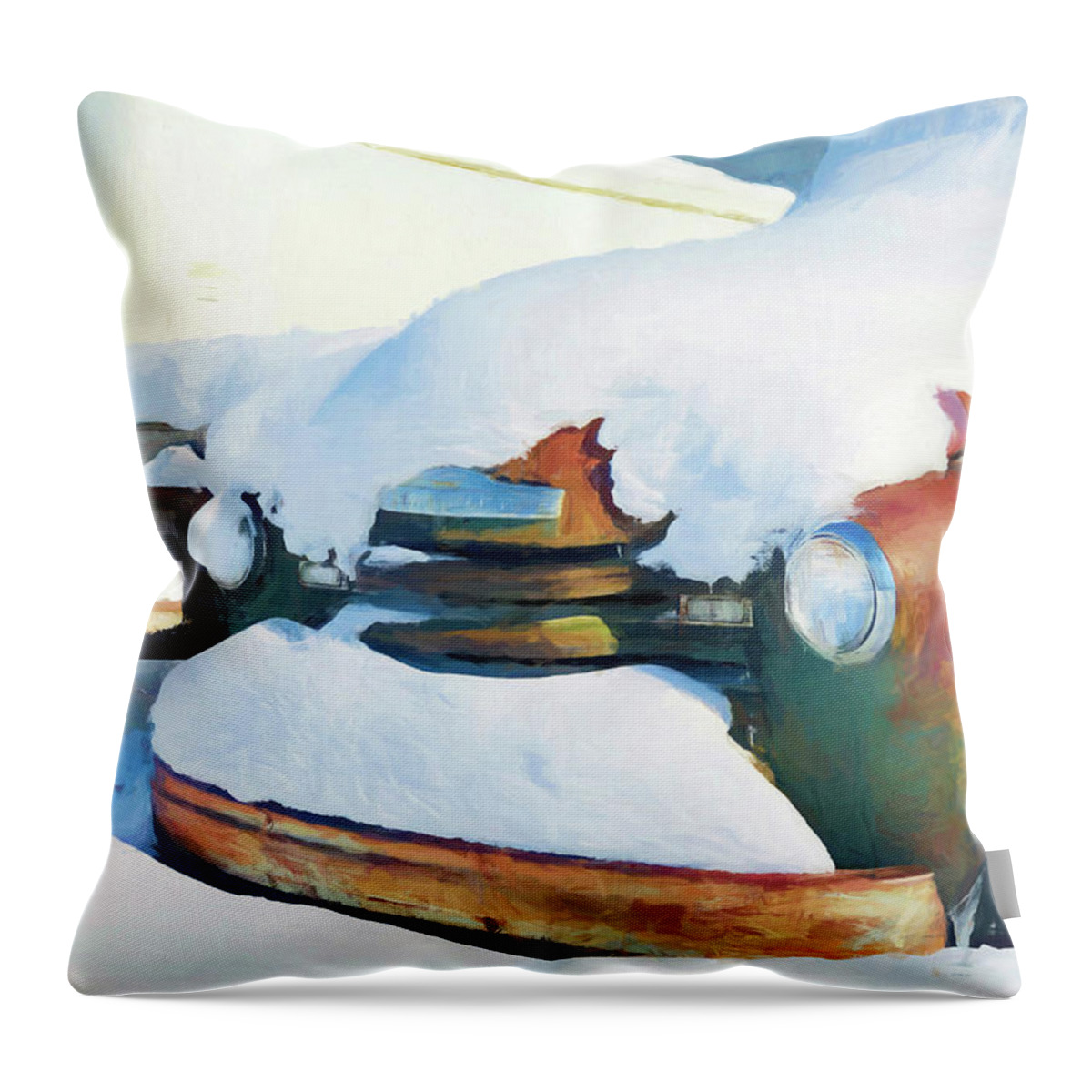 Truck Throw Pillow featuring the photograph Old rusty Chevrolet truck covered by snow in Montana #2 by Tatiana Travelways
