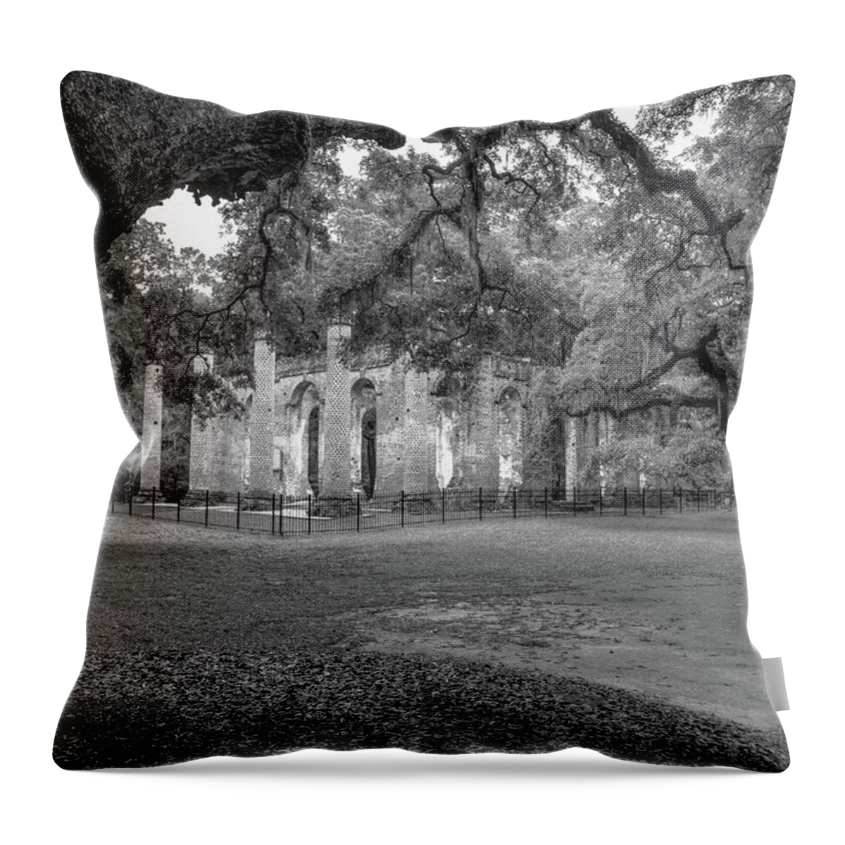 Yemassee Throw Pillow featuring the photograph Old Sheldon Church Ruins in Black and White by Cindy Robinson