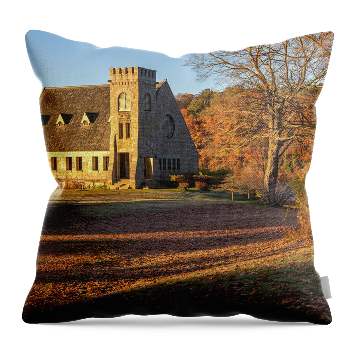 Old Stone Church Throw Pillow featuring the photograph Old Stone Church Autumn Morning by Michael Saunders