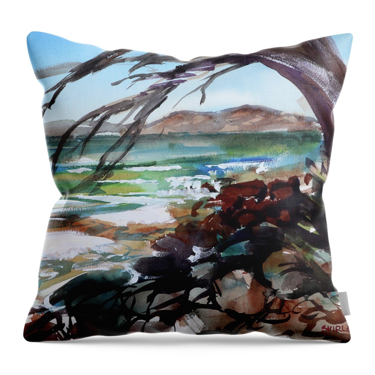 Landscape Throw Pillow featuring the painting Old tree at Swansea by Shirley Peters