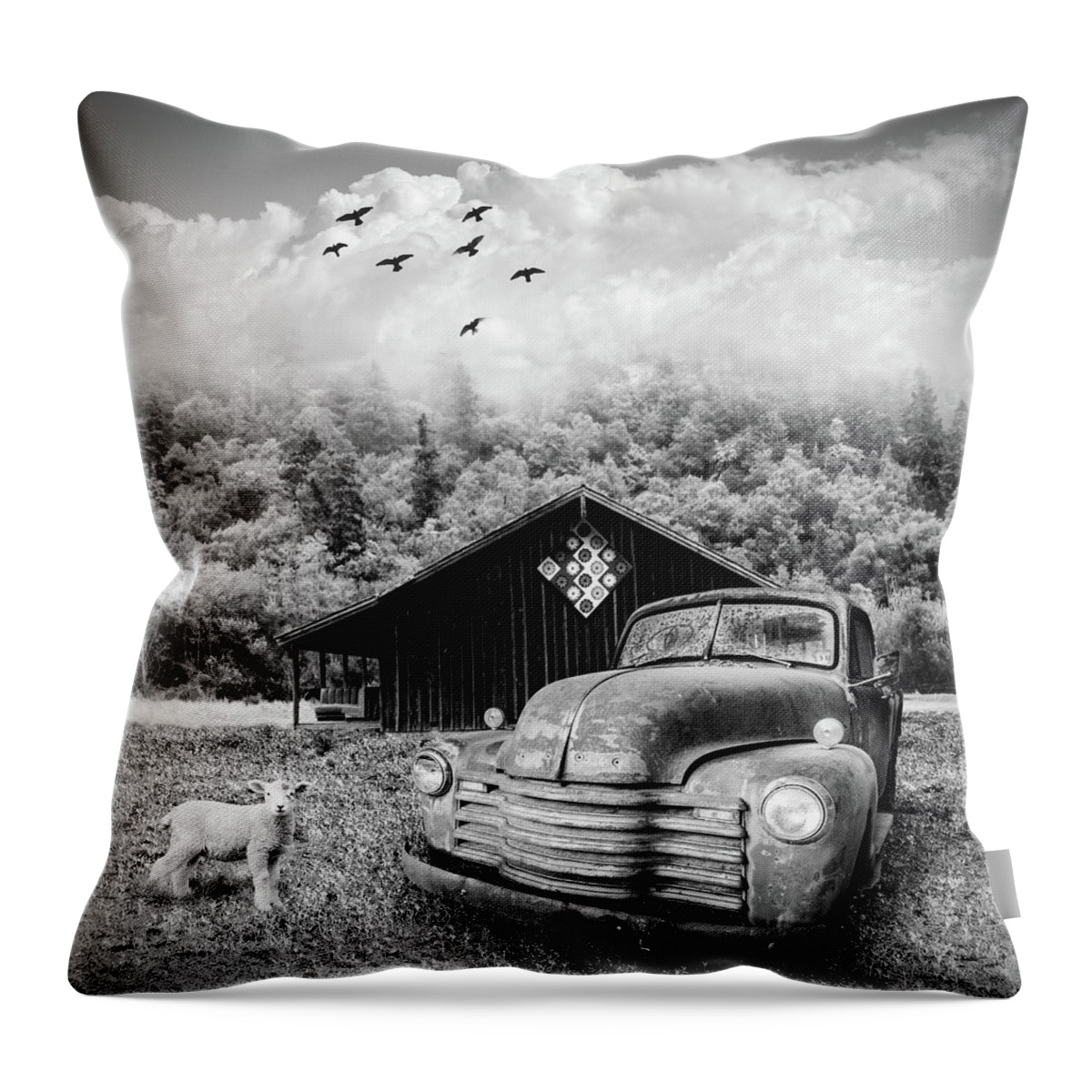 Black Throw Pillow featuring the photograph Old Truck in the Fog on the Farm Black and White by Debra and Dave Vanderlaan