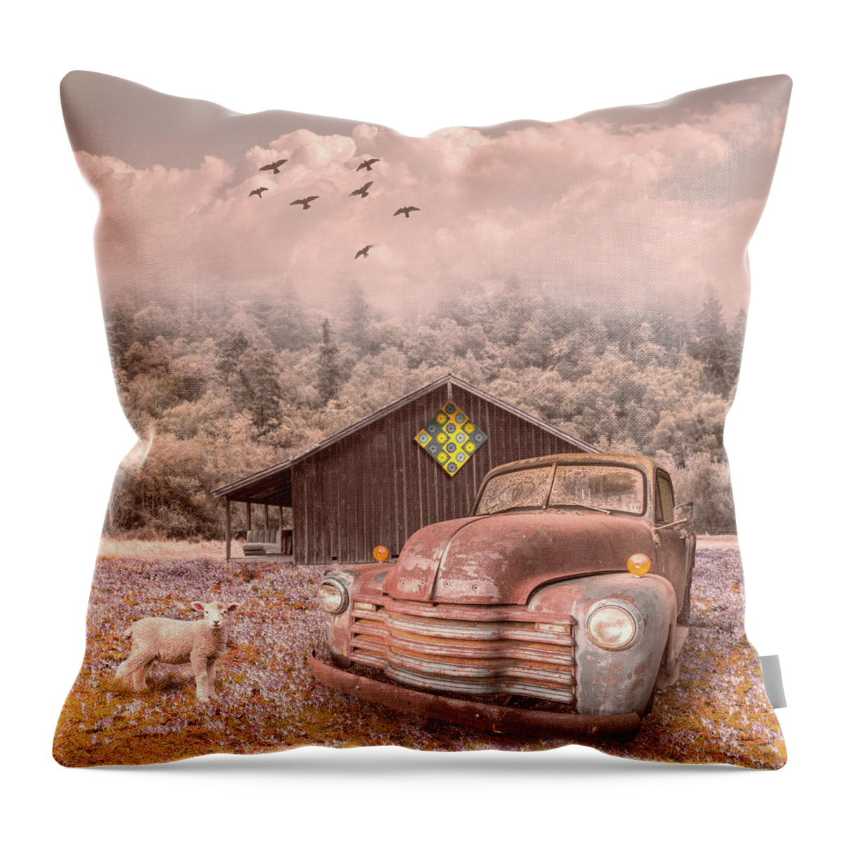 Barn Throw Pillow featuring the photograph Old Truck in the Fog on the Farmhouse by Debra and Dave Vanderlaan