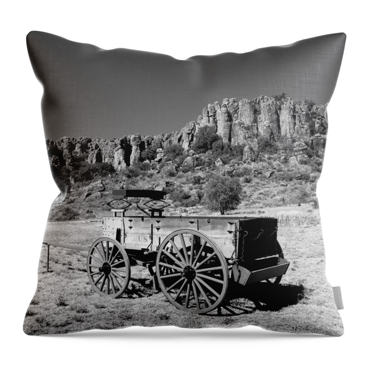 Blackandwhite Throw Pillow featuring the photograph Old West Wagon by Pam Rendall