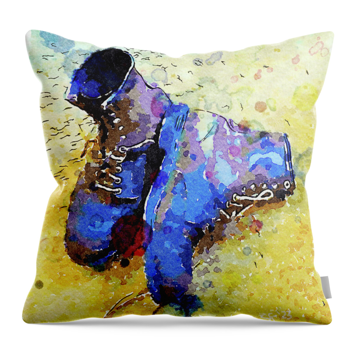 Boots Throw Pillow featuring the mixed media Old Work Boots Watercolor Painting by Shelli Fitzpatrick