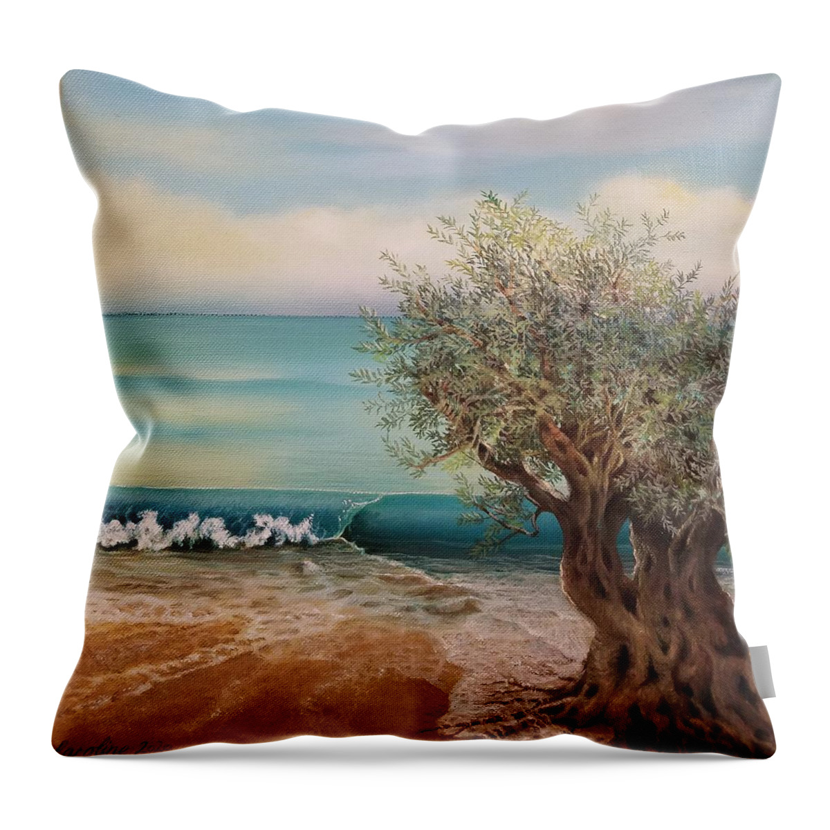 Seascape Oil Olive Tree Sky Blue Canvas Water Throw Pillow featuring the painting Olive and Sea 3 by Caroline Philp