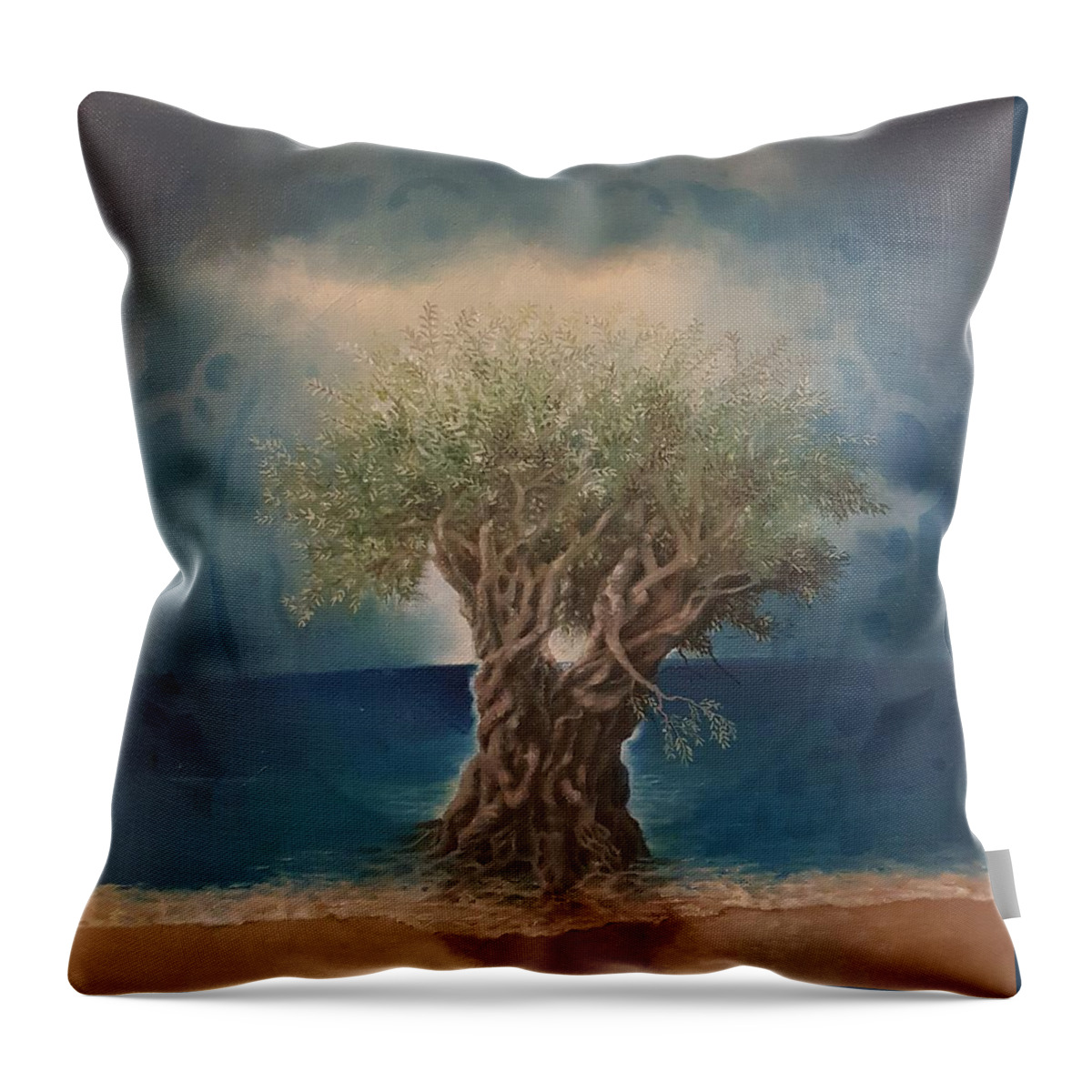 Seascape Throw Pillow featuring the painting Olive and Sea by Caroline Philp