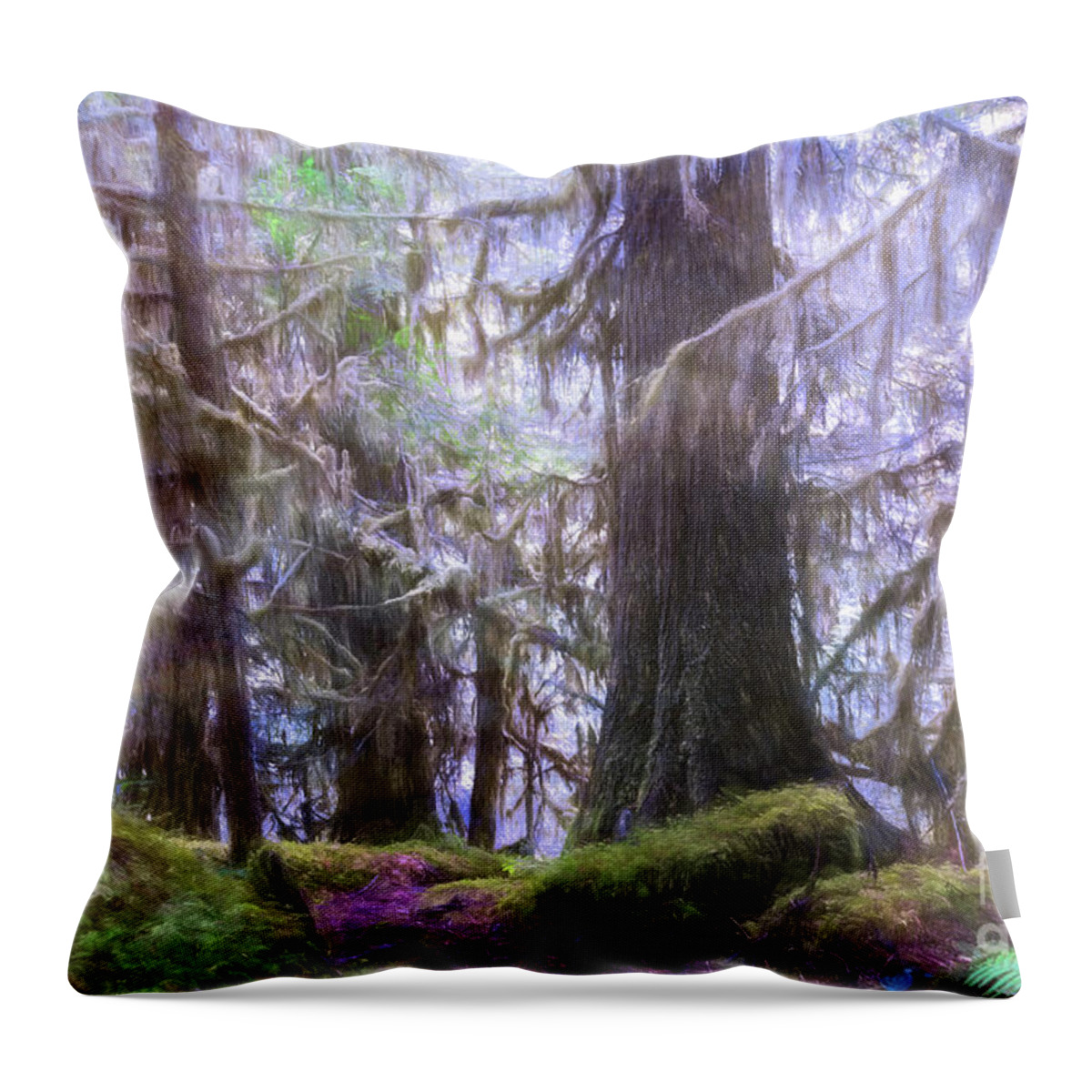 Green Throw Pillow featuring the digital art Olympic Rain Forest by Jean OKeeffe Macro Abundance Art