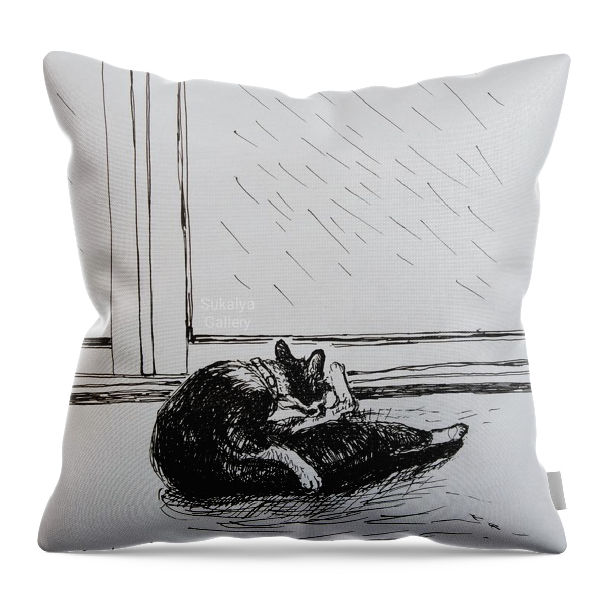 Cat Throw Pillow featuring the drawing On Bath by Sukalya Chearanantana