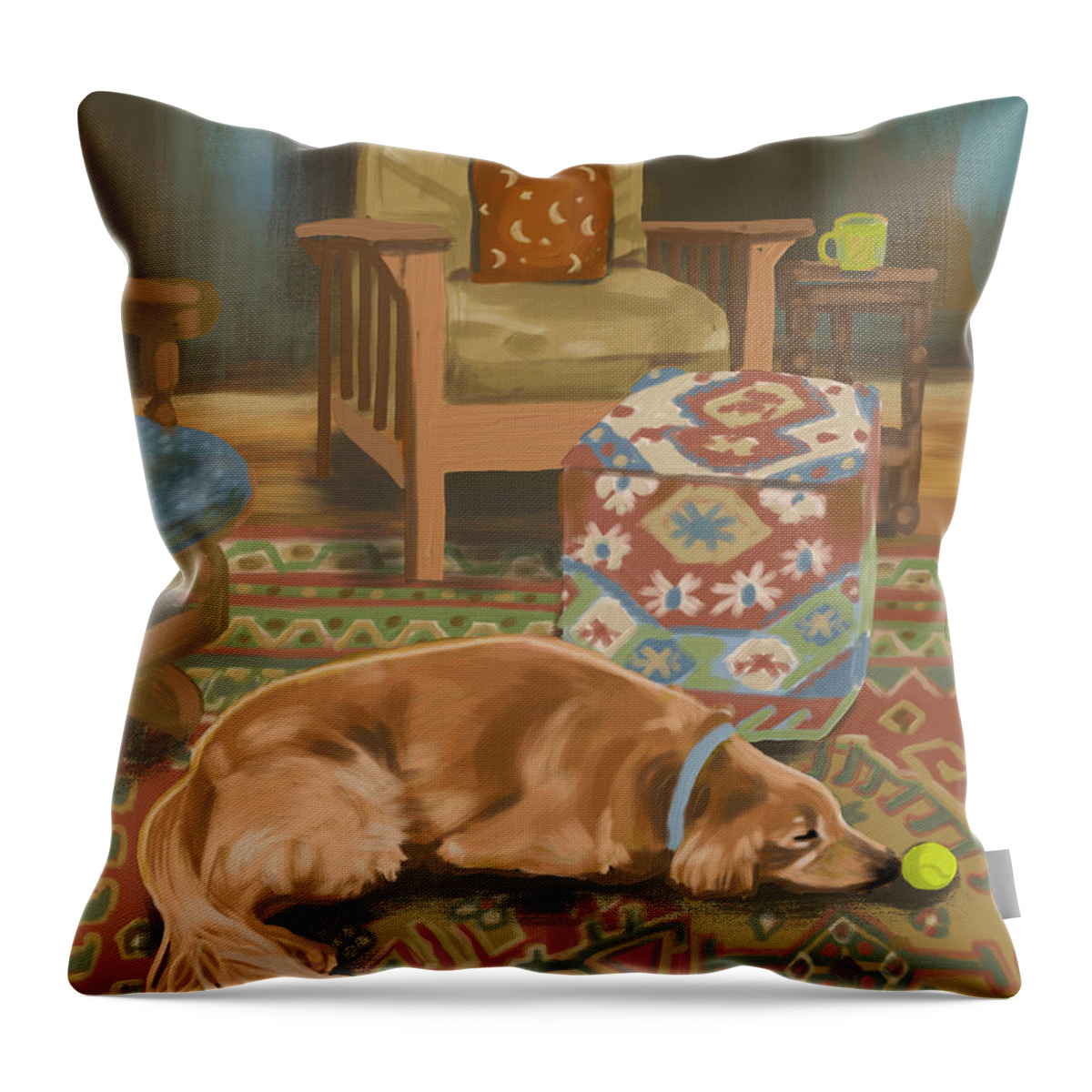Dog Throw Pillow featuring the painting On the ball by Susan Spangler