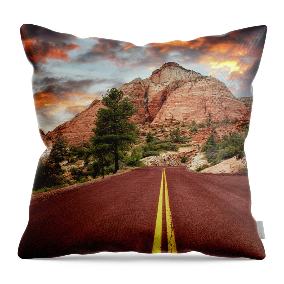 Road Throw Pillow featuring the photograph On the road in Zion at sunset, Utah, USA by Jane Rix
