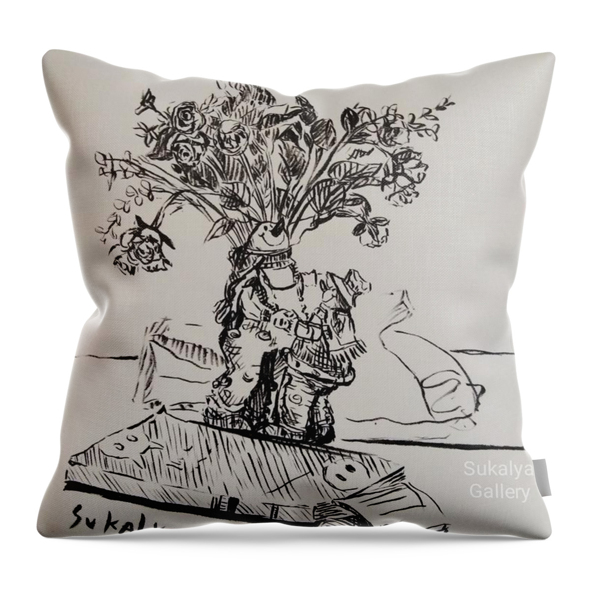Snowman Vase Throw Pillow featuring the drawing On the Table by Sukalya Chearanantana