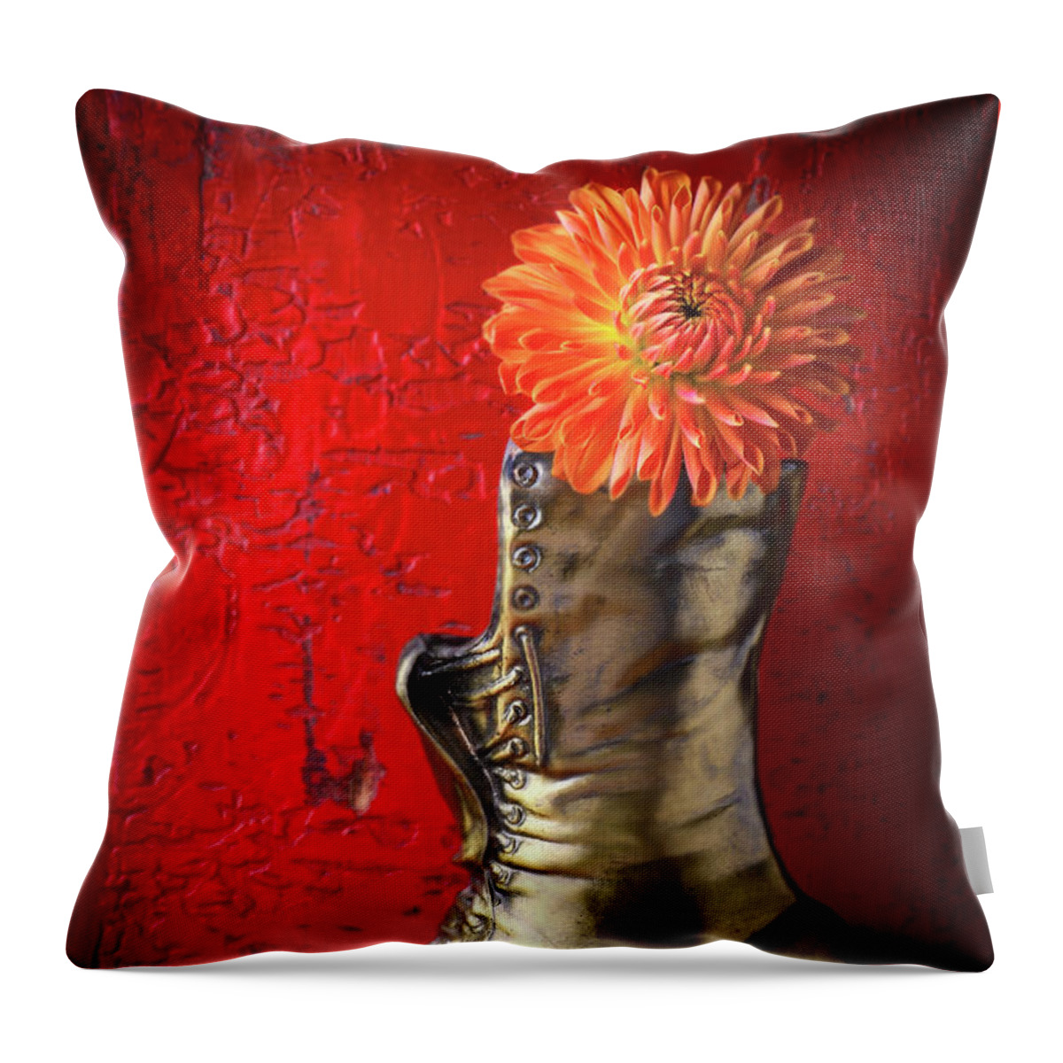 Brass Throw Pillow featuring the photograph Orange Dahlia In Brass Boot Vase by Garry Gay