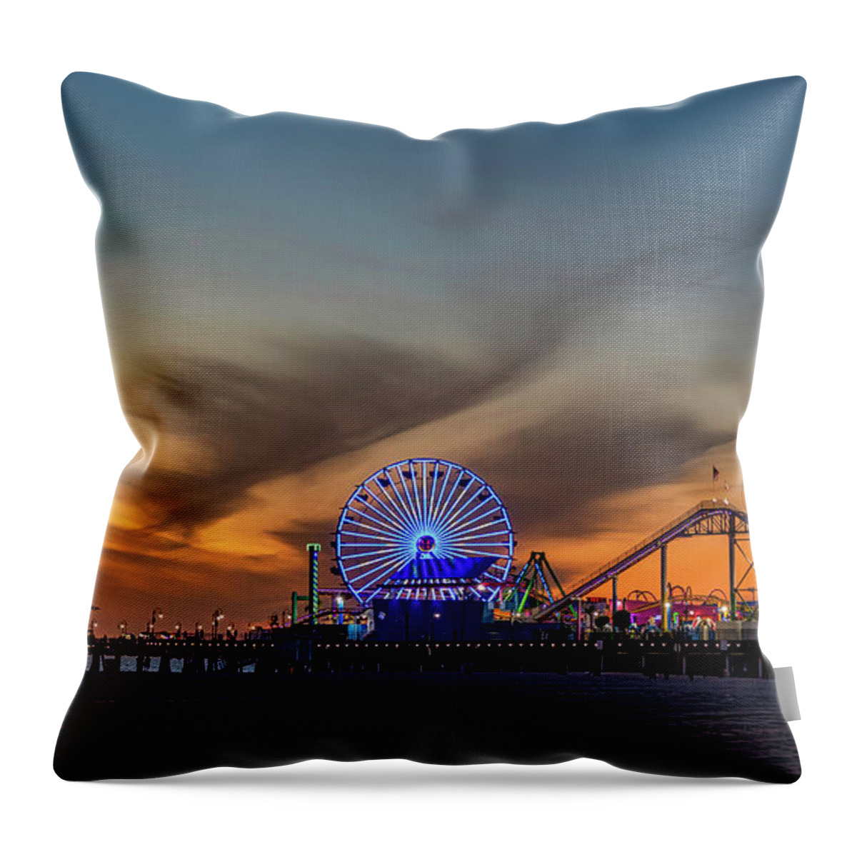 Santa Monica Pier Throw Pillow featuring the photograph Orange Glow At Dusk by Gene Parks