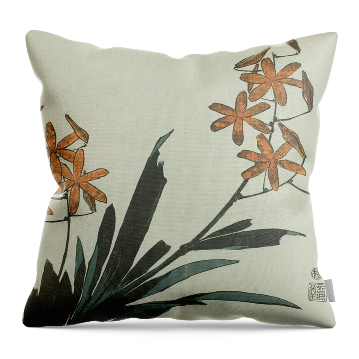 19th Century Art Throw Pillow featuring the relief Orange Orchids, from an untitled series of flowers by Katsushika Hokusai