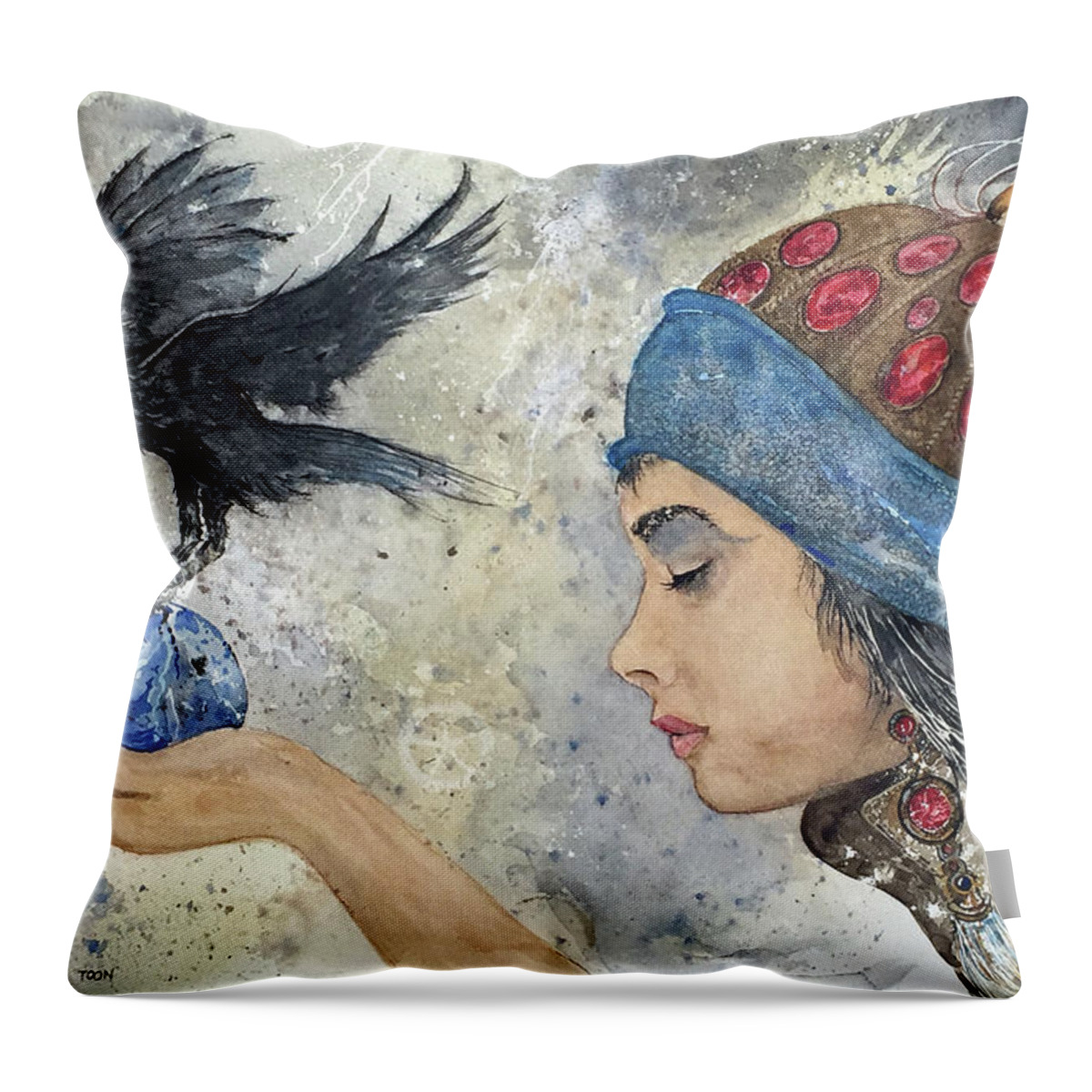 A Young Lady Holds An Orb With A Raven. Throw Pillow featuring the painting Orb Maiden by Monte Toon