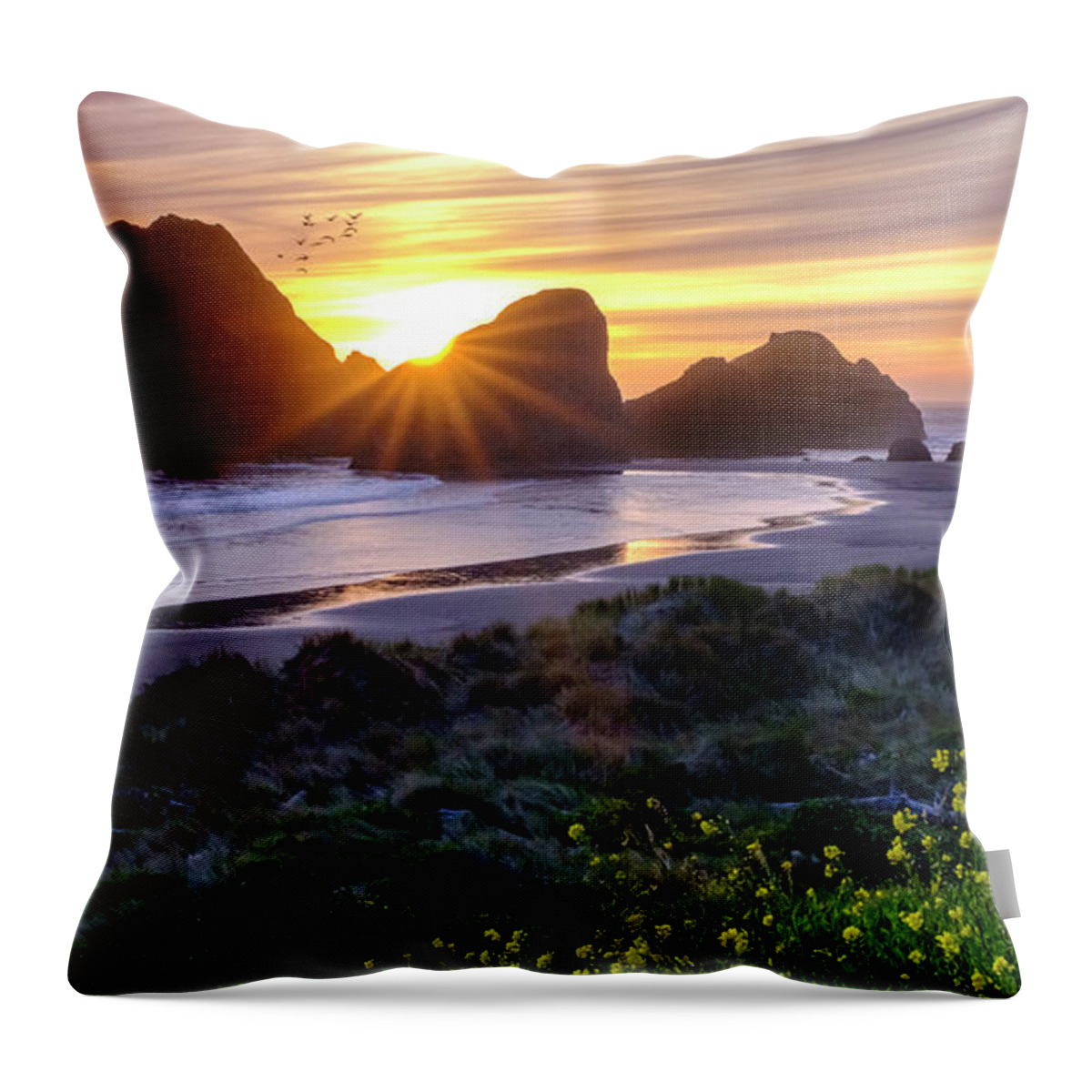 Sunset Throw Pillow featuring the photograph Oregon Coastline Sunset Behind A Large Rock Formations by Tony Locke