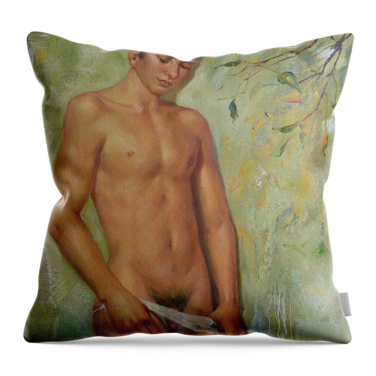 Original. Oil Painting Art Throw Pillow featuring the painting Original man oil painting gay body art-young male nude in the autumn by Hongtao Huang