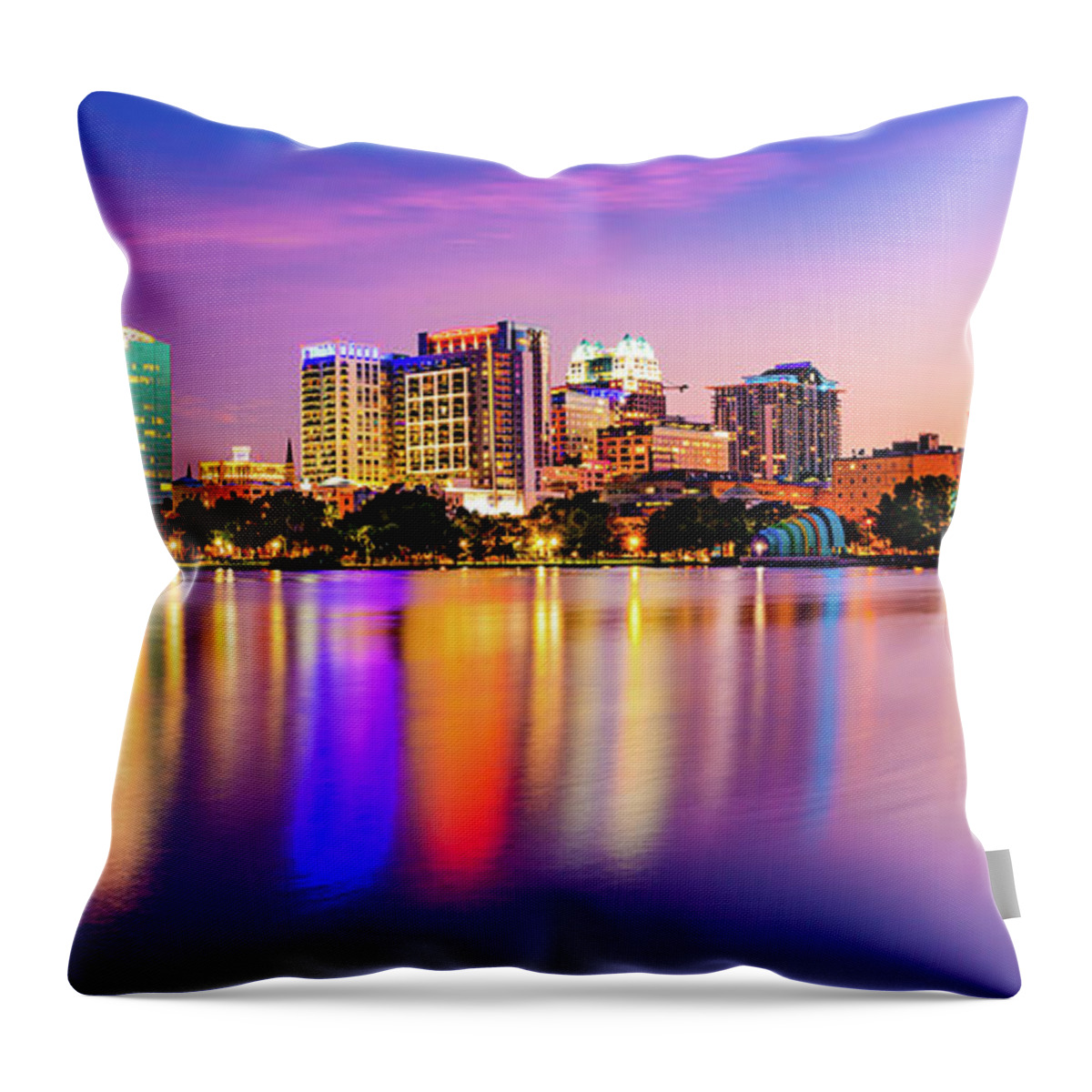 Orlando Florida Throw Pillow featuring the photograph Orlando Florida Panoramic City Skyline Over Lake Eola by Gregory Ballos