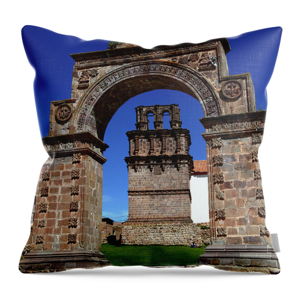 Peru Throw Pillow featuring the photograph Ornate colonial archway Juli Puno Region Peru by James Brunker